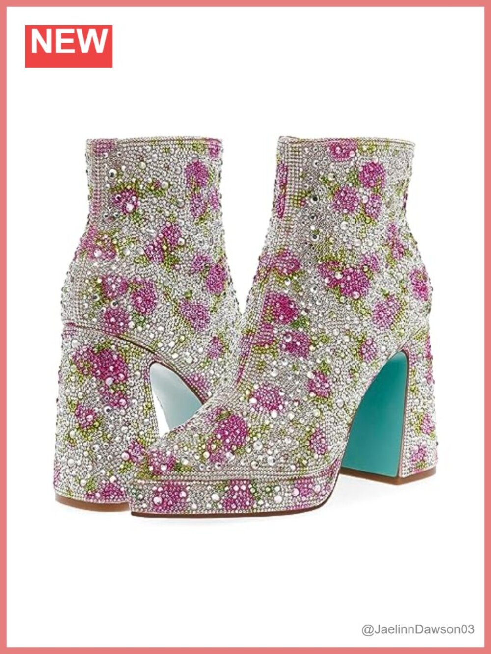 Heeled Ankle Bootie Almond Toe Block Heel Rhinestone Floral Zip